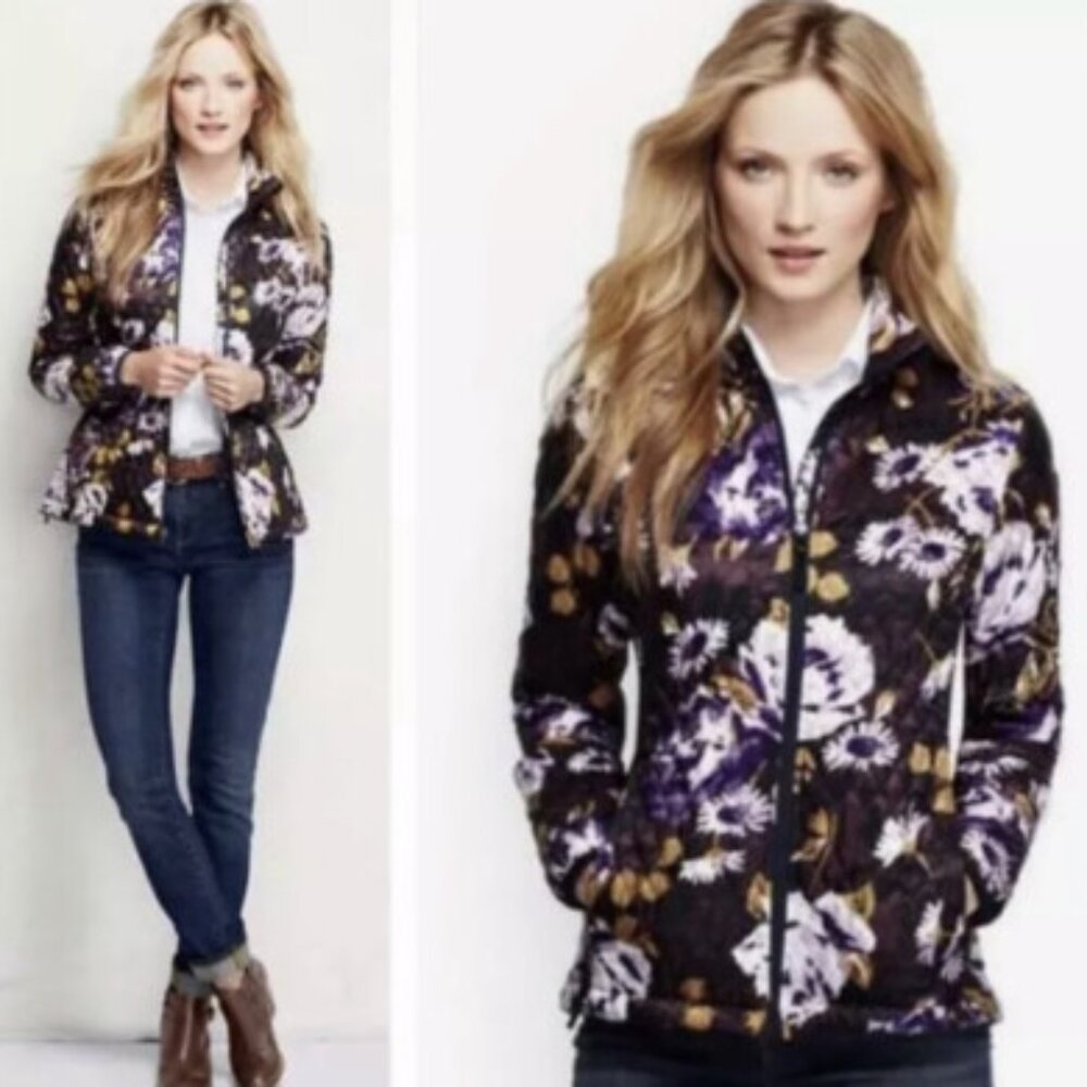Lands' End Floral Quilted Puffer Jacket - Purple and Gold